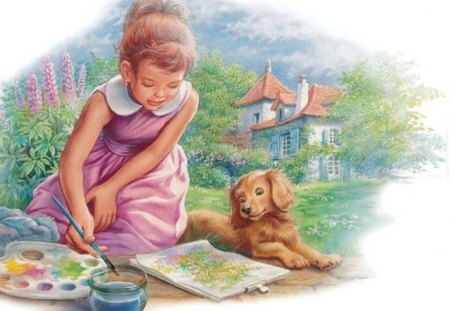 the little painter - beauty, art, girl, dog