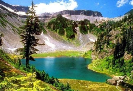 Lake Surrounded by Beauty - sky, lake, trees, hills, mountain, nature, blue, beautiful, green