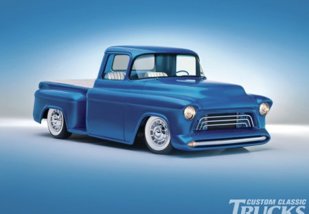 1955 Chevrolet Truck - shaved door handles, blue, classic, white walls, bowtie, gm