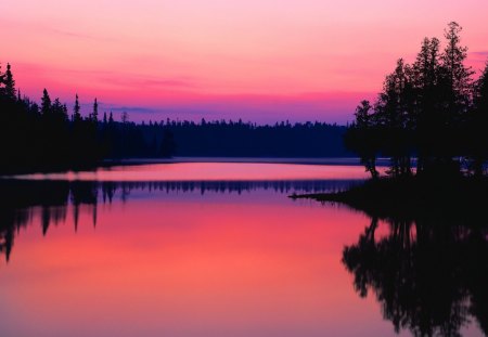 beautiful sunset on a mirrored river - trees, sunset, reflection, river