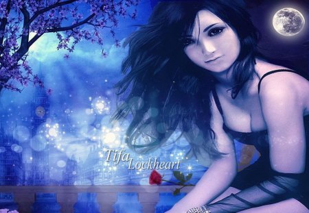 Tifa Lockheart - moon, abstract rose, lockheart, stars, night, colorful, final fantasy, tifa, bright, ff7, beautiful, anime, ffvii, tifa lockheart