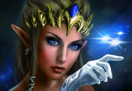 Princess Zelda - tiara, princess zelda, fantasy, zelda, earrings, pretty, blonde hair, pointy ears, anime, elf, girl, blue eyes, long hair, the legend of zelda, gloves, legend of zelda, games, video games