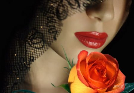 Woman with rose - woman, veil, orange rose, red lips, rose