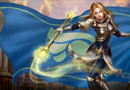 Lux - banner, staff, games, flag, blonde hair, league of legends, armour, weapon, anime, video games, lux, scepter, purple eyes