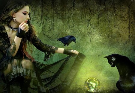 The magic - women, bird, abstract, fantasy, cat