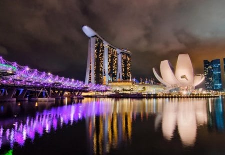 Singapore - sky, singapore, night, hotel, buildings, black, purple, cloud, reflection, pink, blue, asia, lights