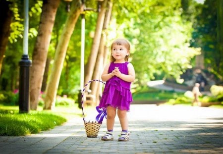 Little girl - purple, cute, photography, basket, tree, little girl