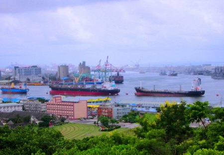 Overlooking the harbor - the harbor, overlooking, freighter, grass