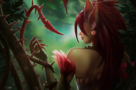 Poison Elf Girl - poison elf girl, earring, claw, long hair, poison, elf, red hair, fantasy, smile