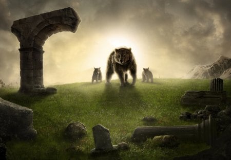 Mother Bear - cub, art, ruins, bear, animals, light, family, mother