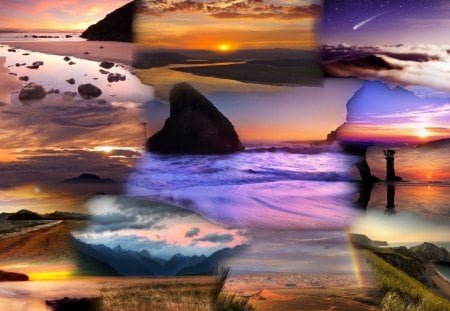 Sky Delights - sky, beach, collage, sun, water, colorful, sunset, rocks, evening, clouds, color, grass, morning, moon, lake, comet, night, shore, bright, romantic, sunrise, sea