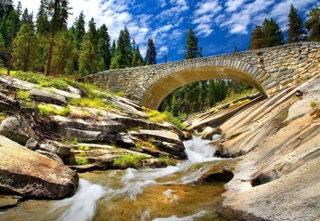 Mountain bridge - summer, creek, stream, stone bridge, mountain, calmness, nice, sky, clouds, trees, beautiful, lovely, stones, river, nature, peaceful, bridge, rocks