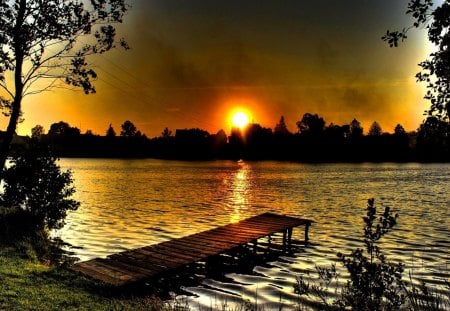 Sunset - lake, sunset, orange, nature