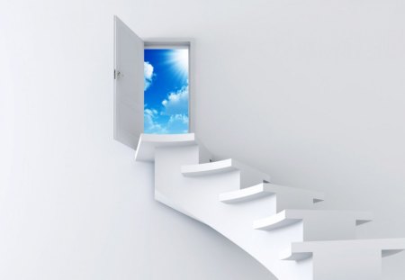 Stairway to Heaven - stairs, stairways, sky, white, fantasy art, life, clouds, stairway to heaven, way, a real stairway to heaven, imagination, heaven, abstract, secret, door, 3d, blue, stairway