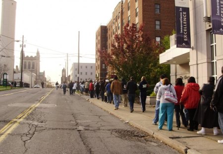 Cuyahoga County Ohio - people, cracked pavement, streets, utility poles, side walks, buildings