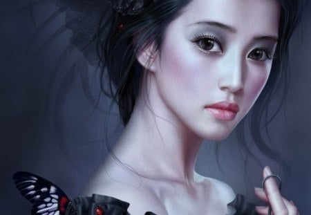 Lizards - cg, tang yuehui, lizard, girl, butterfly, ladybird, dark