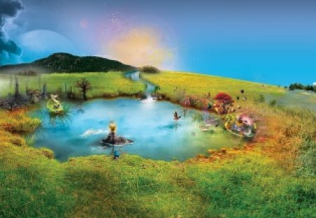 The Dream In A Puddle - sky, mushroom, mountain, field, fantasy, abstract, clouds, fairy, flowers, pond, grass, butterflies