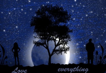 Love overcomes everything - love, stars, people, blue, photoshop, island, tree, sewenka