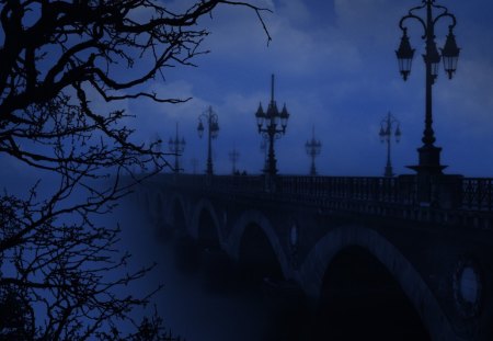 bridge - clouds, sewenka, fog, photoshop, lamp, tree, misty, sky, bridge