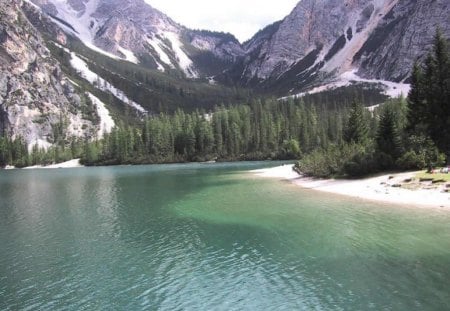 Lake and Mountain - lake, sky, mountain, trees, daylight, day, water, nature, forest, blue, snow, smooth, rock, land, sand