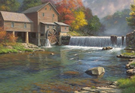 Old Mill and Waterfalls - duck, waterfalls, grass, forest, old, mills, sky, wheel, clouds, house, trees, water, falls, rock, architecture, daylight, river, nature, autumn, day, animals