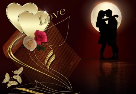 love wallpaer - moon, couple, butterflies, hearts