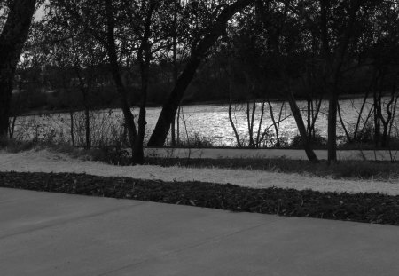 Sacramento River - black and white, cement, grass, river