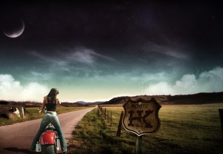 Girl with motorcycle - motorcycle, harley, girl, landscape, beauty, colors, colorful, nature, view