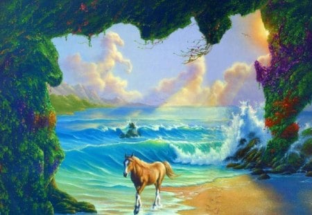 a painting of a horse - animal, water, sky, horse