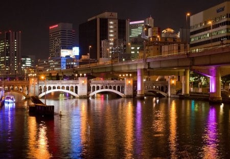 well lit city - city, water, scenic, lights