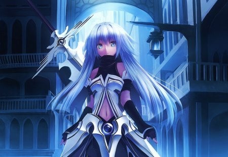 Blue Knights - sword, knights, game, girl, night, blue, cg, long hair, city