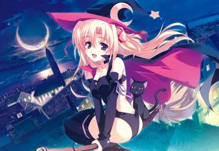 Marie Rudel as a Witch - sakura strasse, anime, anime girl, black cat, blue, night, cat, witch, black, marie rudel