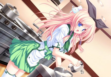 Amane Ruru - pink, 77, cooking, amane ruru, anime, anime girl, green