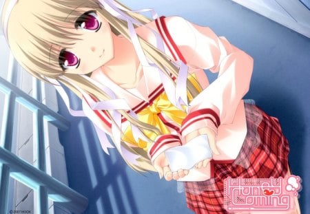 Satsuki Clarissa Maezono - school uniform, satsuki clarissa maezono, yellow, red, anime, anime girl, honey coming, school girl