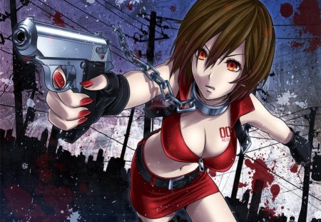 Meiko - gun, nail polish, chain, female, vocadoid, meiko, blood, anime girl, gloves, brown hair, tattoo, belt, bikini, city, short hair