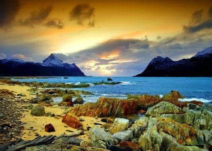 Seascape - summer, rocks, beautiful, beach, river, nature, mountain, water, stones, peaceful, shore, blue, lake, sky, island, clouds, sea