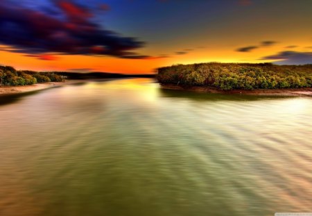 Restless River - sky, trees, daylight, day, dirt, water, shore, nature, forest, yellow, clouds, smooth, river, orange, land