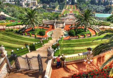 bahai temple gardens haifa israel hdr - city, hill, gardens, trees