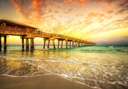 The bridge - sunset, nature, beach, sea, bridge