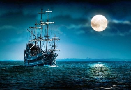 ship-at-night - moon, oceans, fun, ship, boats, water, fantasy