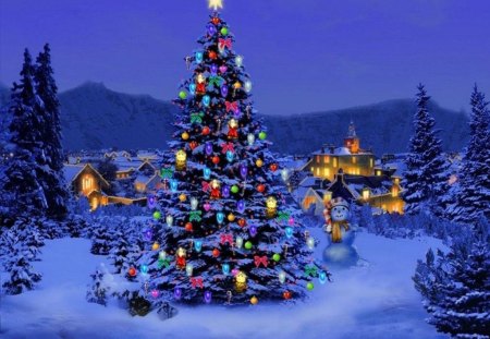 3d christmas tree - tree, lights, blue, 3d