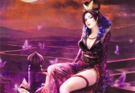 Nouhime - sitting, sengoku basara, lone, female, sengoku musou, nouhime, games, anime, video games, kimono, butterflies