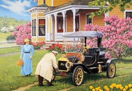 glorious days - art, trees, car, children