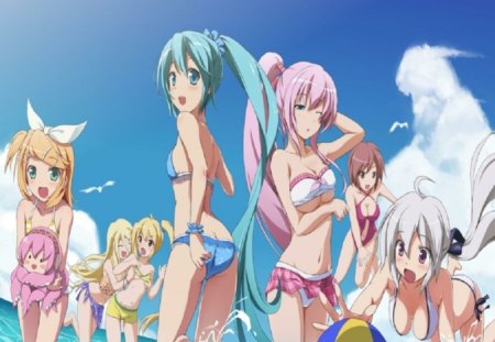 Vocaloid girls - beach, pretty, hot, chicks, sea, cute