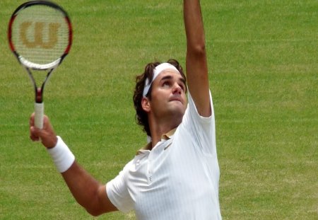 Roger Federer - male, tennis player, white dress, raquet, playing