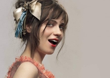 Zooey Deschanel - dark hair, female, cute, red smile, actress, blue eyes