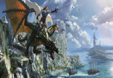 To War - water, dragons, riders, cliff, ships, city