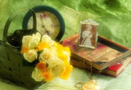 still life - roses, basket, tulips, still life