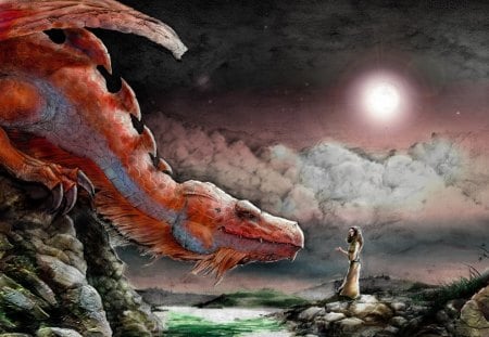 Dragon and his master - paint, art, artwork, dragons, fantasy