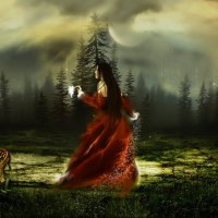 fantasy girl in woods with deer